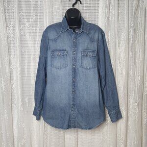 Land's End 100% Cotton Blue Denim Snap Button Western Oversize Shacket Men's SzM